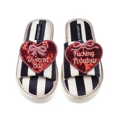 Laines London Women's Black / White Flatform Stripe Open Toe Slippers With Divorced But... Brooches - Black & Whit