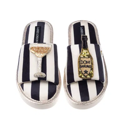Laines London Women's Black / White Flatform Stripe Open Toe Slippers With Dom Darling Brooches In Multi