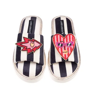 Laines London Women's Black / White Flatform Stripe Open Toe Slippers With Electric Love Brooches - Black & White In Multi