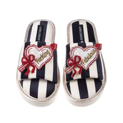 Laines London Women's Black / White Flatform Stripe Open Toe Slippers With Fucking Fabulous Heart Brooches - Black