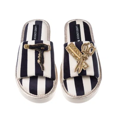 Laines London Women's Black / White Flatform Stripe Open Toe Slippers With Hairdresser Brooches In Neutral