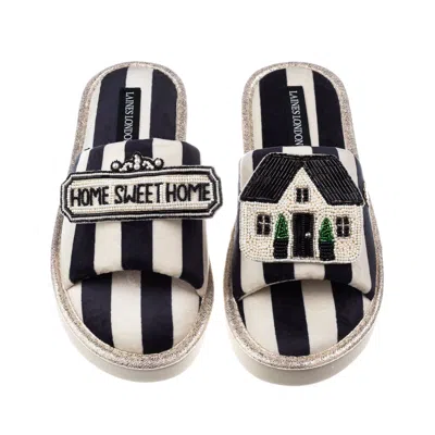 Laines London Women's Black / White Flatform Stripe Open Toe Slippers With Home Sweet Home Brooches - Black & Whit In Black/white