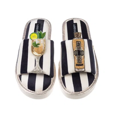 Laines London Women's Black / White Flatform Stripe Open Toe Slippers With Hugo Spritz Brooches In Multi