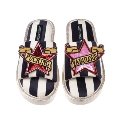 Laines London Women's Black / White Flatform Stripe Open Toe Slippers With Red & Pink Fucking Fabulous Brooches -  In Black/white