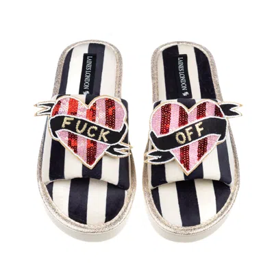 Laines London Women's Black / White Flatform Stripe Open Toe Slippers With Red & Pink Stripe Fuck Off Heart Brooch In Black/white