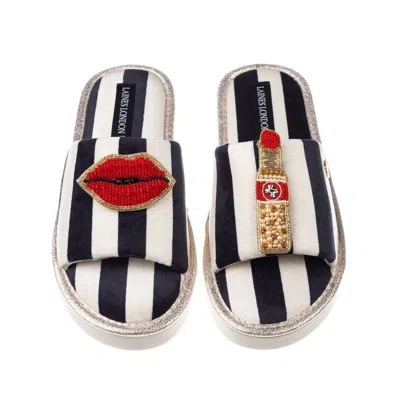 Laines London Women's Black / White Flatform Stripe Open Toe Slippers With Red Lips & Lipstick Brooches In Multi