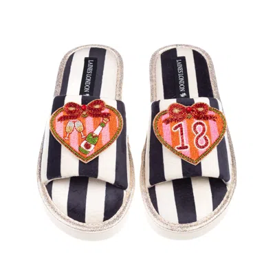 Laines London Women's Black / White Flatform Stripe Open Toe Slippers With Stripe Heart 18th Birthday Brooches - B In Multi