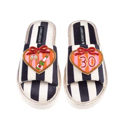 Laines London Women's Black / White Flatform Stripe Open Toe Slippers With Stripe Heart 30th Birthday Brooches - B In Multi