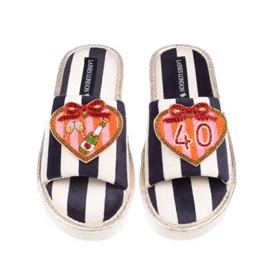 Laines London Women's Black / White Flatform Stripe Open Toe Slippers With Stripe Heart 40th Birthday Brooches - B In Multi
