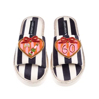 Laines London Women's Black / White Flatform Stripe Open Toe Slippers With Stripe Heart 60th Birthday Brooches - B In Multi