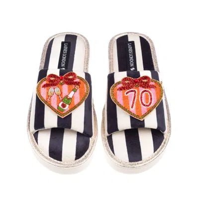 Laines London Women's Black / White Flatform Stripe Open Toe Slippers With Stripe Heart 70th Birthday Brooches - B In Multi