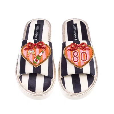 Laines London Women's Black / White Flatform Stripe Open Toe Slippers With Stripe Heart 80th Birthday Brooches - B In Multi