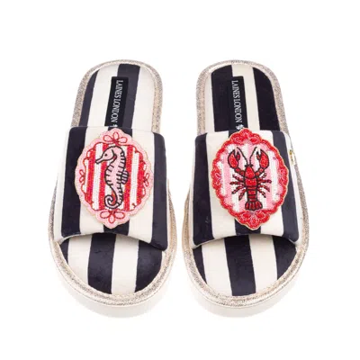 Laines London Women's Black / White Flatform Stripe Open Toe Slippers With Stripe Lobster & Seahorse Brooches - Bl In Multi