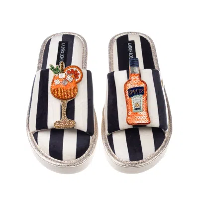Laines London Women's Black / White Flatform Stripe Open Toe Slippers With Summer Spritz Brooches In Multi