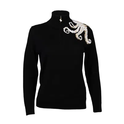 Laines London Women's White / Black Laines Couture Black Quarter Zip Jumper With Embellished Octopus In Black/white