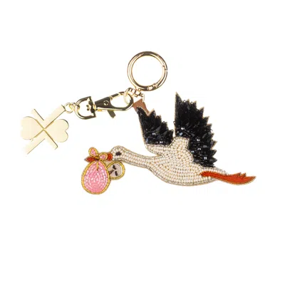Laines London Women's Black / White / Pink Baby Girl Stork Hand-beaded Bag Charm In Multi