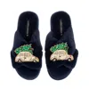 Laines London Women's Blue Classic Laines Christmas Collection Slippers With Double Cream & Gold Christmas Car Bro In Blue