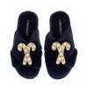 Laines London Women's Blue Classic Laines Christmas Collection Slippers With Double Gold & Silver Candy Cane Brooc In Blue
