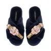 Laines London Women's Blue Classic Laines Christmas Collection Slippers With Double Pink Grand Nutcrackers Brooche In Blue