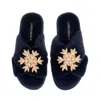 Laines London Women's Blue Classic Laines Christmas Collection Slippers With Double Pink Snowflake Brooches - Navy In Blue