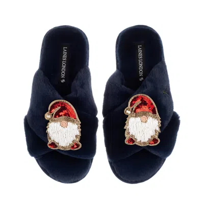 Laines London Women's Blue Classic Laines Christmas Collection Slippers With Double Red Gonk Brooches - Navy