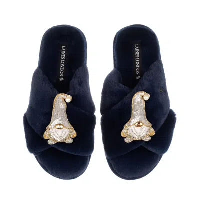Laines London Women's Blue Classic Laines Christmas Collection Slippers With Double Silver Gonk Brooches - Navy
