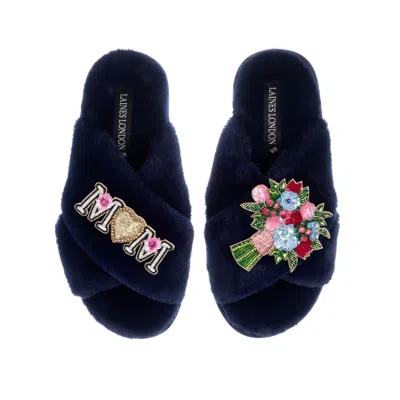 Laines London Women's Blue Classic Laines Mother's Day Slippers With Floral Bouquet & Mum / Mom Brooches - Navy