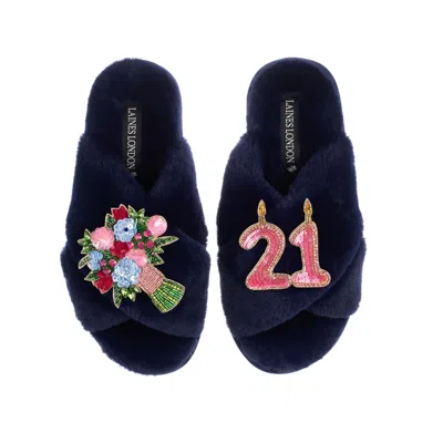 Laines London Women's Blue Classic Laines Slippers With 21st Birthday & Flowers Brooches - Navy