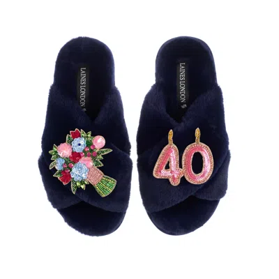 Laines London Women's Blue Classic Laines Slippers With 40th Birthday & Flowers Brooches - Navy