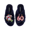 Laines London Women's Blue Classic Laines Slippers With 60th Birthday & Flowers Brooches - Navy In Blue