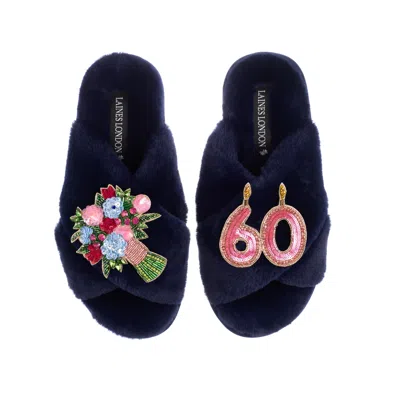 Laines London Women's Blue Classic Laines Slippers With 60th Birthday & Flowers Brooches - Navy