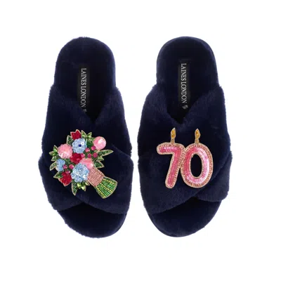Laines London Women's Blue Classic Laines Slippers With 70th Birthday & Flowers Brooches - Navy