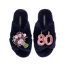 Laines London Women's Blue Classic Laines Slippers With 80th Birthday & Flowers Brooches - Navy In Blue