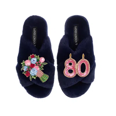 Laines London Women's Blue Classic Laines Slippers With 80th Birthday & Flowers Brooches - Navy