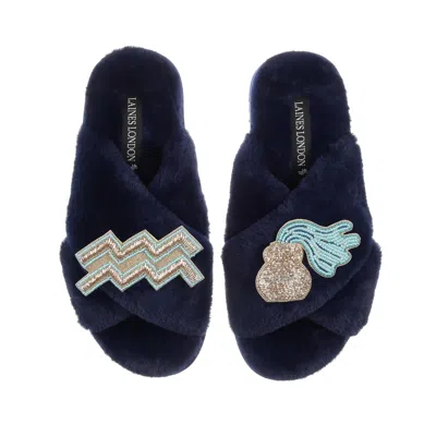 Laines London Women's Blue Classic Laines Slippers With Aquarius Zodiac Brooches - Navy