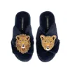 Laines London Women's Blue Classic Laines Slippers With Artisan Lion & Lioness Brooches - Navy In Blue