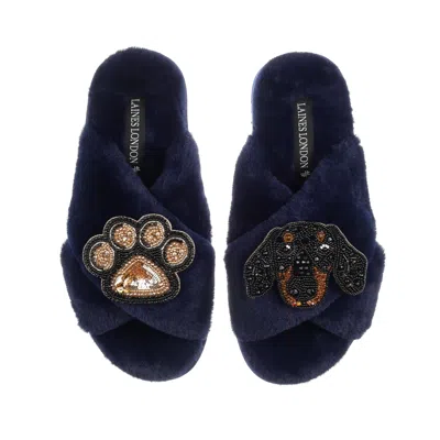 Laines London Women's Blue Classic Laines Slippers With Artisan Little Sausage & Paw Brooches - Navy