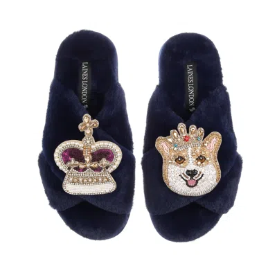Laines London Women's Blue Classic Laines Slippers With Artisan Sandy The Corgi & Royal Crown Brooches - Navy