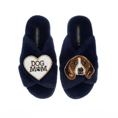 Laines London Women's Blue Classic Laines Slippers With Beagle & Dog Mum / Mom Brooches - Navy