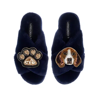 Laines London Women's Blue Classic Laines Slippers With Beagle & Paw Brooches - Navy