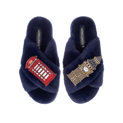 Laines London Women's Blue Classic Laines Slippers With Big Ben & British Red Phone Box Brooches - Navy