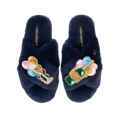 Laines London Women's Blue Classic Laines Slippers With Birthday Bubbles Brooches - Navy