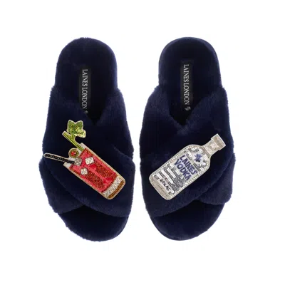 Laines London Women's Blue Classic Laines Slippers With Bloody Mary Brooches - Navy