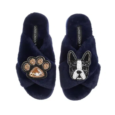 Laines London Women's Blue Classic Laines Slippers With Buddy Boston Terrier & Paw Brooches - Navy