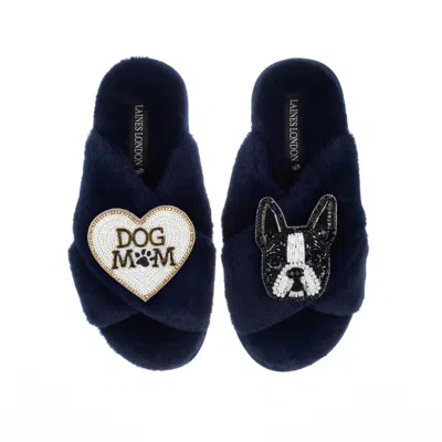 Laines London Women's Blue Classic Laines Slippers With Buddy The Boston Terrier & Dog Mum / Mom Brooches - Navy