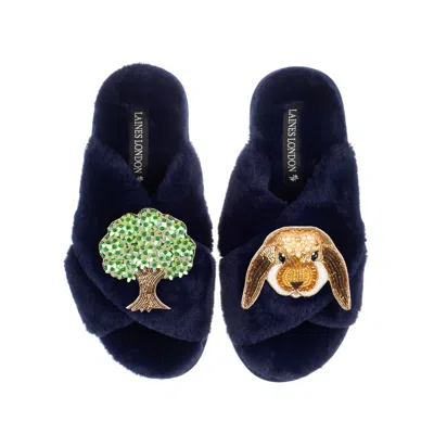 Laines London Women's Blue Classic Laines Slippers With Bunny & Oak Tree Brooches - Navy
