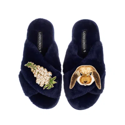 Laines London Women's Blue Classic Laines Slippers With Bunny & White Foxglove Flowers Brooches - Navy