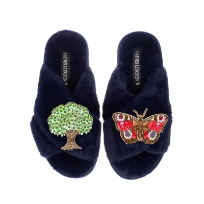 Laines London Women's Blue Classic Laines Slippers With Butterfly & Oak Tree Brooches - Navy
