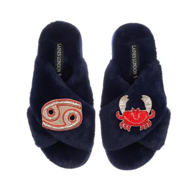 Laines London Women's Blue Classic Laines Slippers With Cancer Zodiac Brooches - Navy