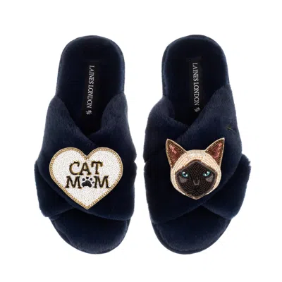 Laines London Women's Blue Classic Laines Slippers With Cat Mum / Mom & Siamese Cat Brooches - Navy